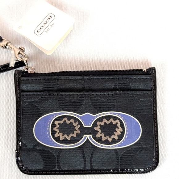 NWT Coach POPPY Black Blue Card Holder Coin Pouch With Keychain - Picture 2 of 7